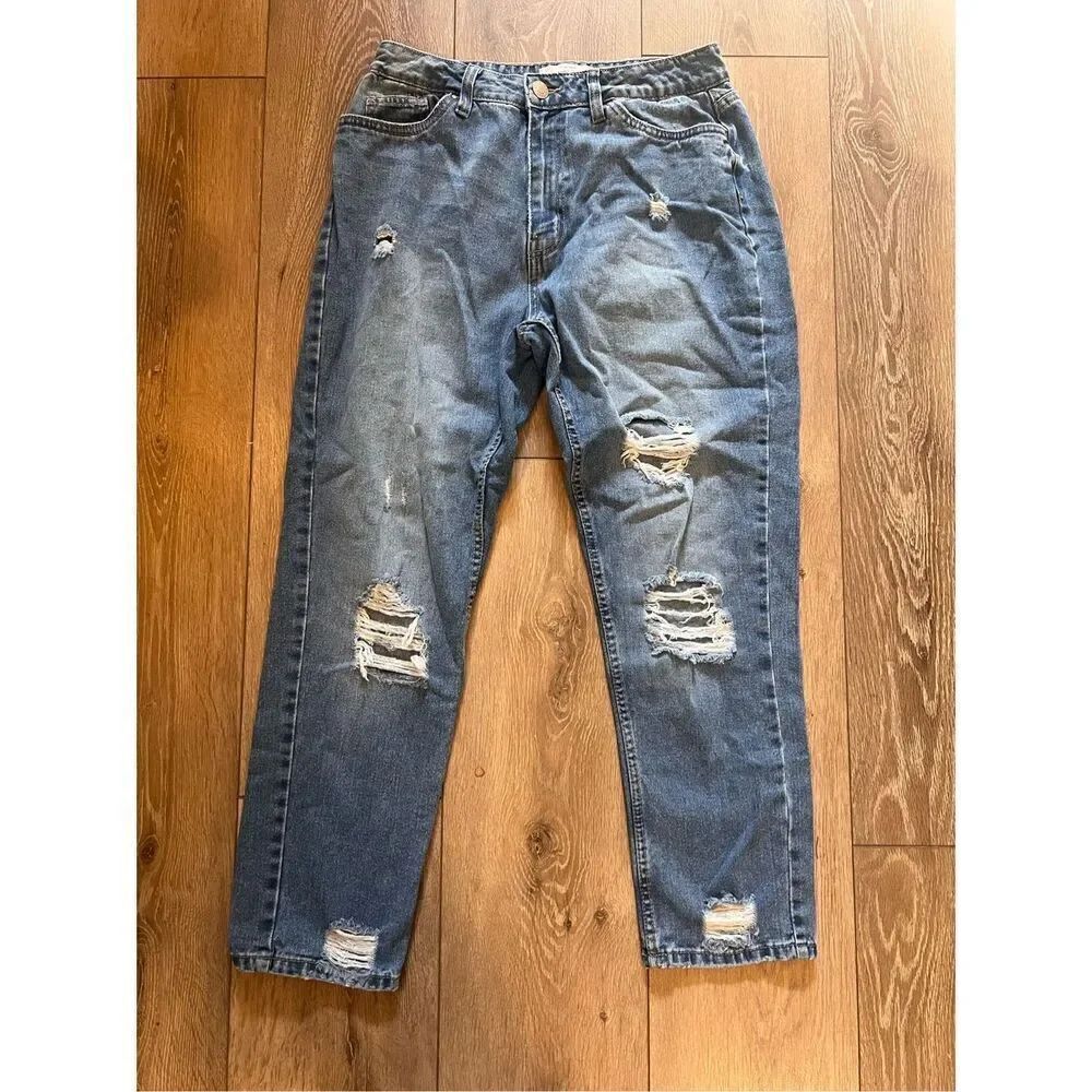 Refuge Denim Women's 9 Boyfriend Jeans High Rise Medium Wash Distressed Denim
